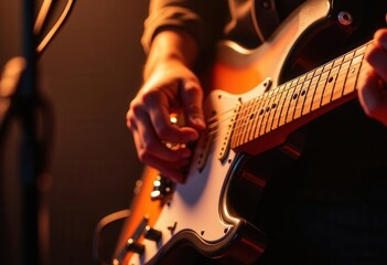 A musician skillfully plays an electric guitar, showcasing their talent on stage. The warm lighting creates an inviting atmosphere, highlighting the dedication and passion in every note they strum.