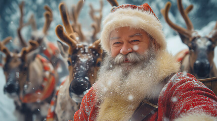 Santa Claus riding on a sleigh pulled by reindeer. Christmas and New Year gifts. Happy New Year. Merry Christmas. Santa Claus.