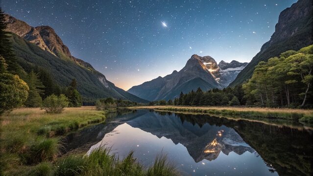 Stunning Landscape Photography Featuring Alpheratz Star Illuminating a Serene Night Sky Over Majestic Mountains and Calm Waters in a Tranquil Natural Setting