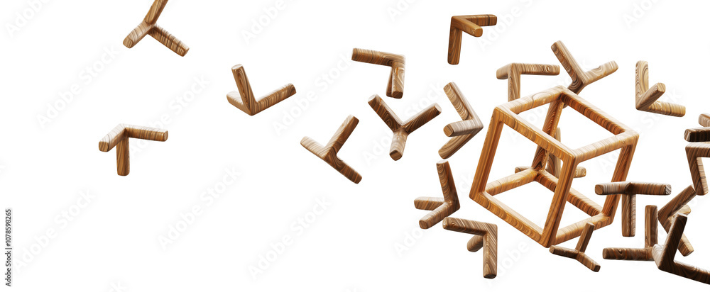 Poster abstract 3d wooden cube block frame and flying falling broken pieces on transparent background png r