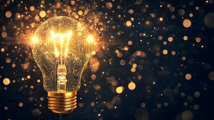 A light bulb with an electronic circuit inside, glowing golden against the dark background. The glass cover of the lamp is transparent and has visible digital connections. 