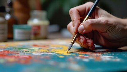 A person focuses intently on creating an abstract artwork, using a fine brush to apply vibrant colors on a canvas. Various paint jars and materials are visible in the background, highlighting the crea
