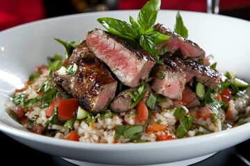 Lamb steak served on a bed of couscous with fresh tomatoes cucumber and a mint garnish in a white bowl for a Mediterranean inspired dish