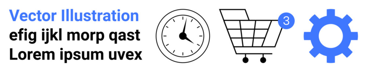 Clock icon, shopping cart with three notifications, gear symbol, and placeholder text in black and blue. Ideal for e-commerce, time management, tech, marketing, business, productivity, and design