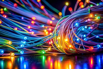 A black background with glowing, colorful wires and connections representing data flow or information transfer. A softly blurred background, professional photography.