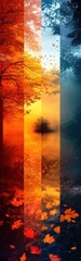 Four Seasons with trees, water, and leaves in a vertical split image, from fall to winter.