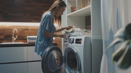 Preparing to wash dirty clothes. Happy housewife in laundry room with washing machine. Person putting clothes in washing machine in laundry room.