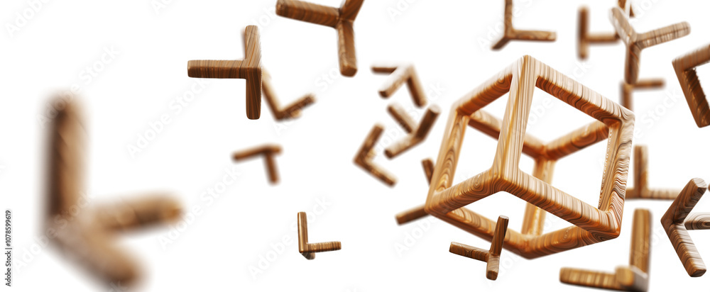 Poster 3d wooden wireframe cube and flying pieces of broken block on transparent background png render. abs