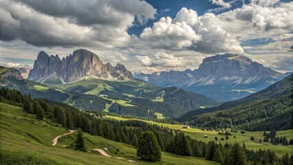 Naklejka premium Stunning Mountain Landscape Drawing with High Depth of Field, Capturing Majestic Peaks, Lush Green Valleys, and a Vibrant Sky That Evokes Tranquility and Natural Beauty