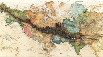 Artistic map depicting intricate geographical and cultural connections.