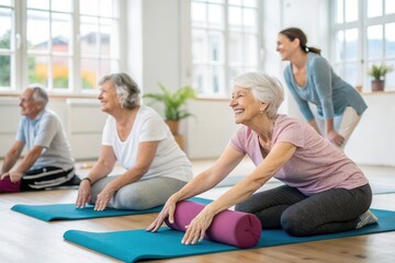 A group of seniors engages in a gentle yoga class, practicing flexibility and relaxation techniques. They use mats and props in a bright, spacious studio filled with natural light, promoting a serene 