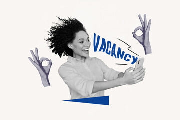 Creative composite photo abstract collage of excited woman find amazing vacancy on smartphone app...
