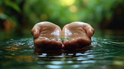 Fototapeta premium Hands cupping water from a stream, surrounded by lush greenery.