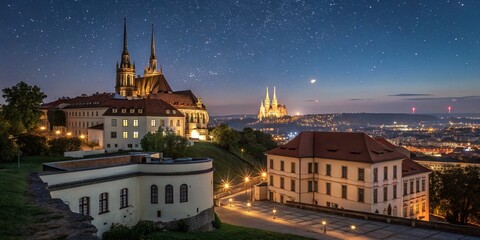 Naklejka premium Stunning Night View of Brno from Spilberk Castle with Illuminated Skyline and Historical Architecture Captured in Architectural Photography