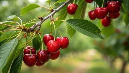 Stunning Panoramic Photography of Beautiful Ripe Cherries on a Branch with Selective Focus, Showcasing Nature's Bounty in a Lush Green Setting, Perfect for Food and Agriculture Themes