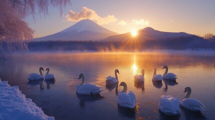 Naklejka premium Serene Swans at Sunrise with Mount Fuji
