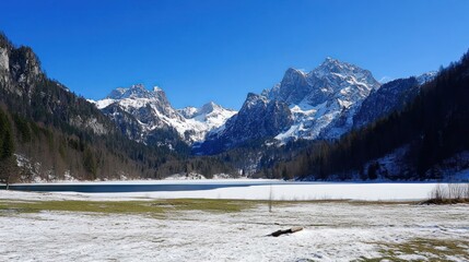 A scenic view of a frozen lake with snow-capped mountains in the background.