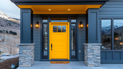 Yellow Front Door with Stone Pillars - Realistic Image