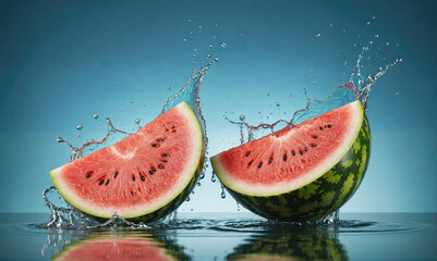 Two slices of watermelon splash into a pool of water