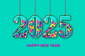 Naklejka premium Happy New Year 2025! beautiful glass Christmas tree decoration with colorful candy on blue background