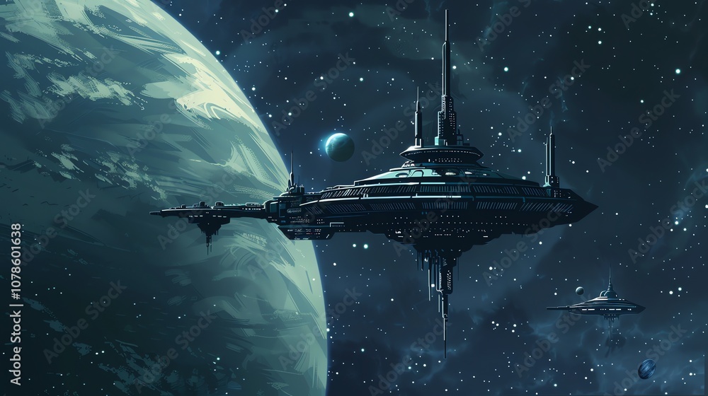 Poster a futuristic spaceship orbits a planet in space.