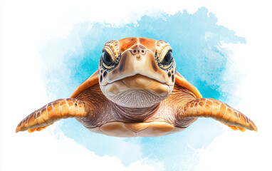 Obraz premium A vibrant illustration of a turtle swimming gracefully underwater, showcasing intricate details and stunning colors against a soft blue backdrop.