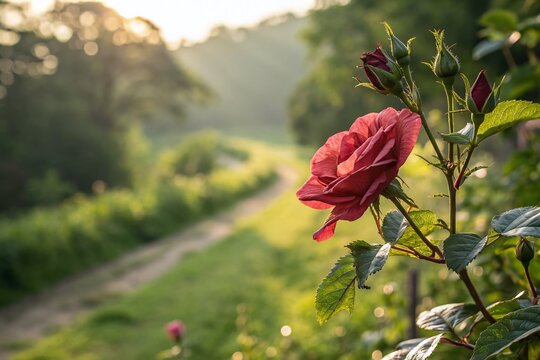 Stunning Rosela Flower in Bloom with Lush Green Background and Ample Copy Space for Text; Perfect for Nature and Floral Themes in Designs and Marketing Materials