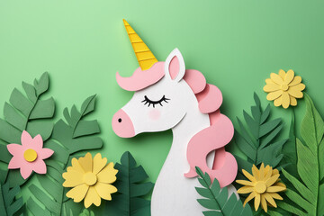 A playful paper art unicorn surrounded by vibrant flowers and lush greenery, perfect for children's decor and whimsical design themes.