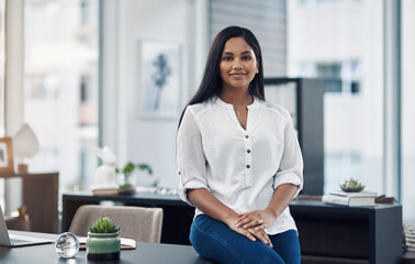 Portrait, business and creative woman in office for career, job opportunity and working at startup. Female person, confidence and professional, entrepreneur and copywriter in enterprise in India