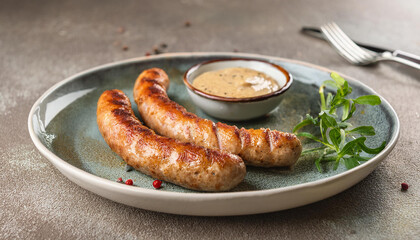 Grilled sausages served with spicy sauce. Tasty food. Delicious meal. Cooking and culinary concept.