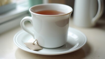 A warm cup of tea sits on a white saucer next to a window, capturing a quiet moment filled with comfort. The teas rich color contrasts gently with the white cup, inviting relaxation and reflection.