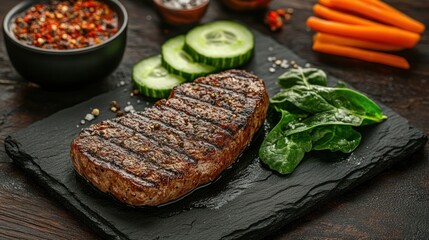 A perfectly grilled steak on a black slate plate with a side of fresh cucumber, spinach, and a spicy red sauce.