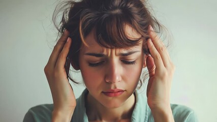 Woman suffering from headache desperate, stressed because pain and migraine. Woman touching her temples feeling stress, on gray background. Girl suffering from headache.