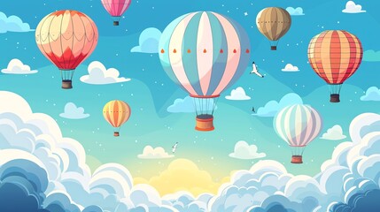 Fototapeta premium A cartoon illustration of hot air balloons floating in the sky.