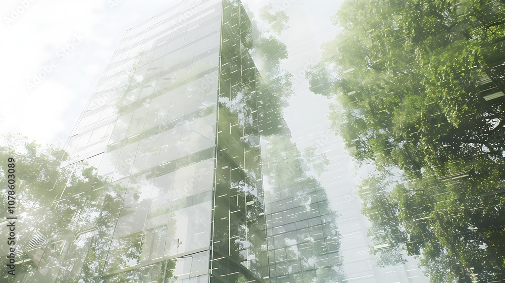Aufkleber a modern glass building reflects greenery, creating a harmonious blend of architecture and nature in