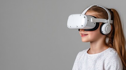 A young girl wearing a VR headset smiles, immersed in a virtual world, against a neutral backdrop.