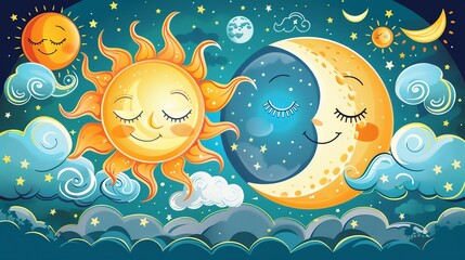 A cartoon illustration of the sun and moon sleeping in the night sky.