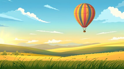 Fototapeta premium A cartoon hot air balloon flying over a grassy field with mountains in the background.