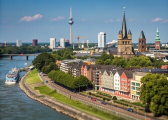 Fototapeta premium Stunning Tilt-Shift Photography of Neuss Skyline Capturing Urban Charm and Architectural Beauty in a Miniature Effect, Ideal for Cityscape Lovers and Travel Enthusiasts.