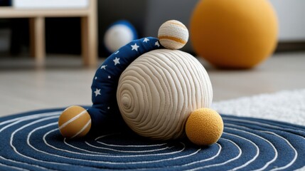 A playful solar system model sits in a child's room, blending education and imagination with colorful planets and a galaxy-themed rug.