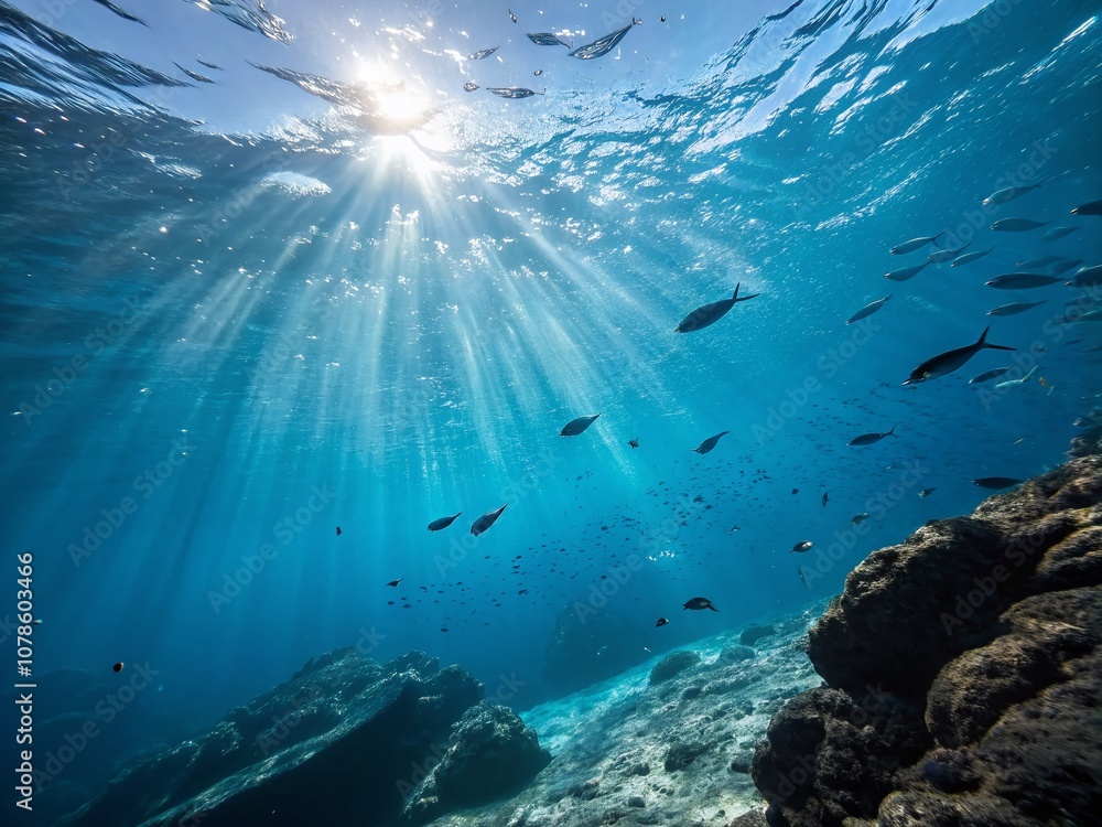 Poster stunning underwater view of ocean water surface with fish and sun rays creating a beautiful bokeh ef