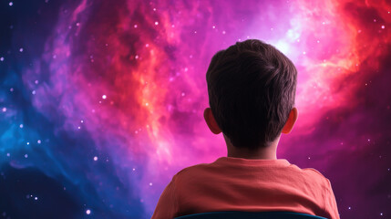A young boy gazes at a vibrant cosmic scene, filled with swirling galaxies and colorful nebulae, evoking wonder and curiosity about the universe.