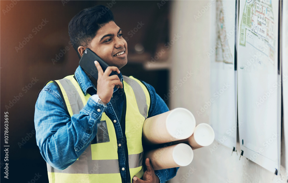 Poster engineer, phone call and man with blueprint, conversation and schedule for project development. arch