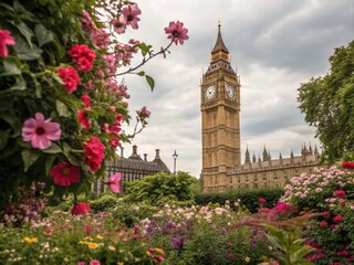 Stunning View of Big Ben Tower Surrounded by a Vibrant Flower Garden in London with Bokeh Effect for a Dreamy and Captivating Landscape Photography Experience