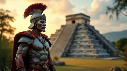 Obraz premium A muscular warrior clad in traditional armor stands tall in a lush landscape, gazing toward a grand ancient pyramid. The warm sunset casts a golden glow, enhancing the scenes historical significance a