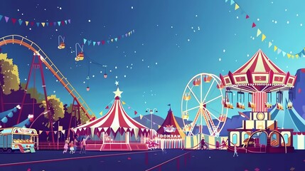 Obraz premium A cartoon illustration of a carnival at night.
