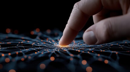 A fingertip touches an intricate digital network, sparking the potential of quantum computing's transformative power and infinite possibilities.