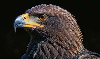 Naklejka premium A Golden Eagle looks off into the distance with its sharp, yellow beak and intense, brown eyes