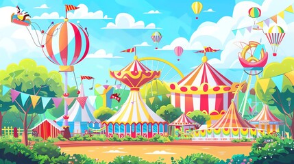Obraz premium A cartoon illustration of a colorful carnival or fairground with tents, rides, and hot air balloons.