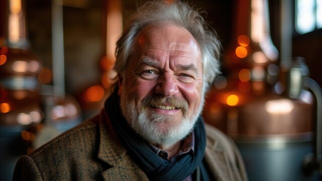 A cheerful distiller stands in a rustic distillery filled with copper stills. The warm glow of the environment highlights his friendly expression, showcasing the craft of spirit production in a lively
